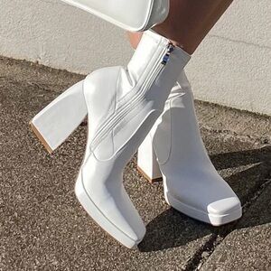 Princess Polly | Eastern Boots White | Heeled Boots with Chunky Block Heel